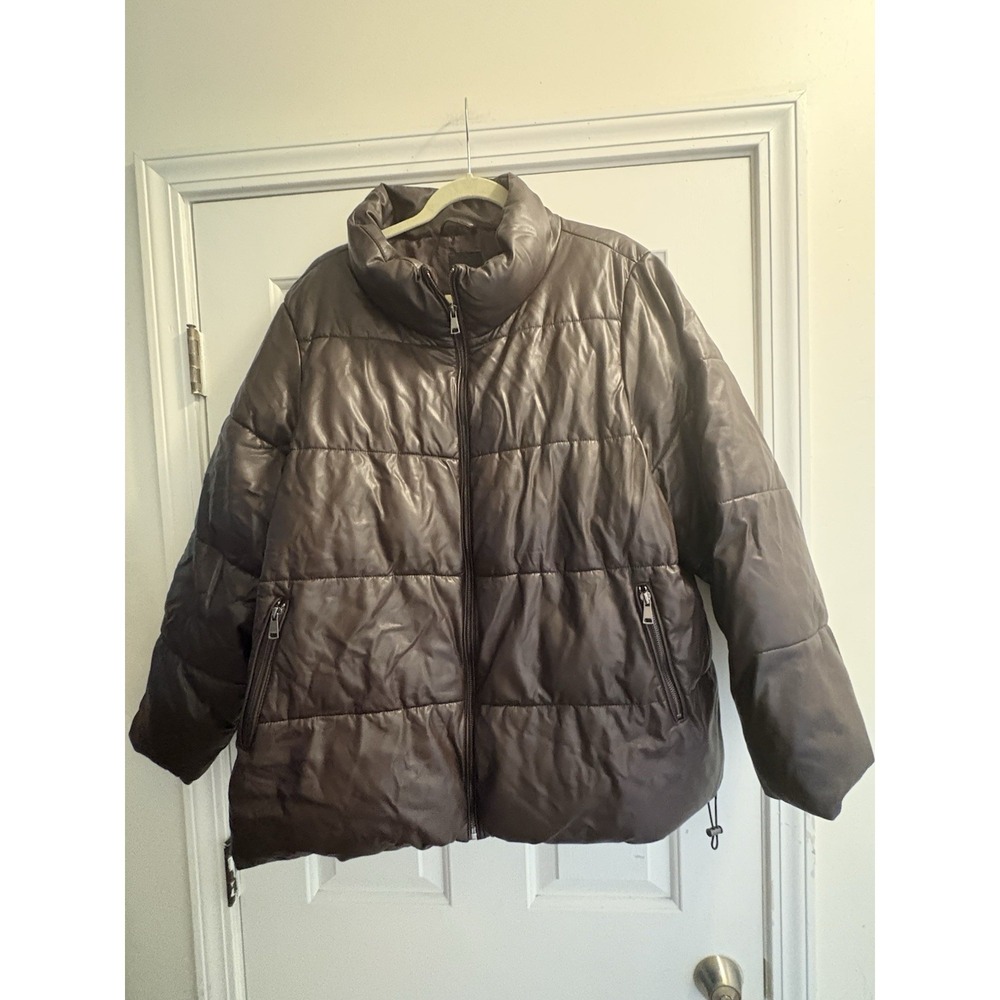 LANE BRYANT BROWN FAUX LEATHER PUFFER JACKET SZ 22/24 ZIP UP EXCELLENT